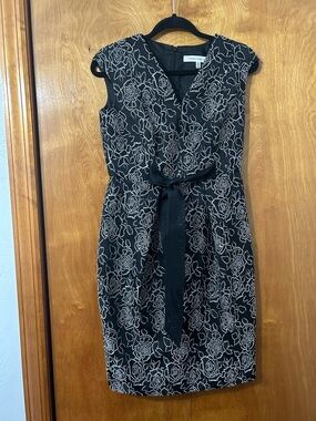 Carmen Marc Valvo Black Dress with Ivory Floral Detailing and Tie